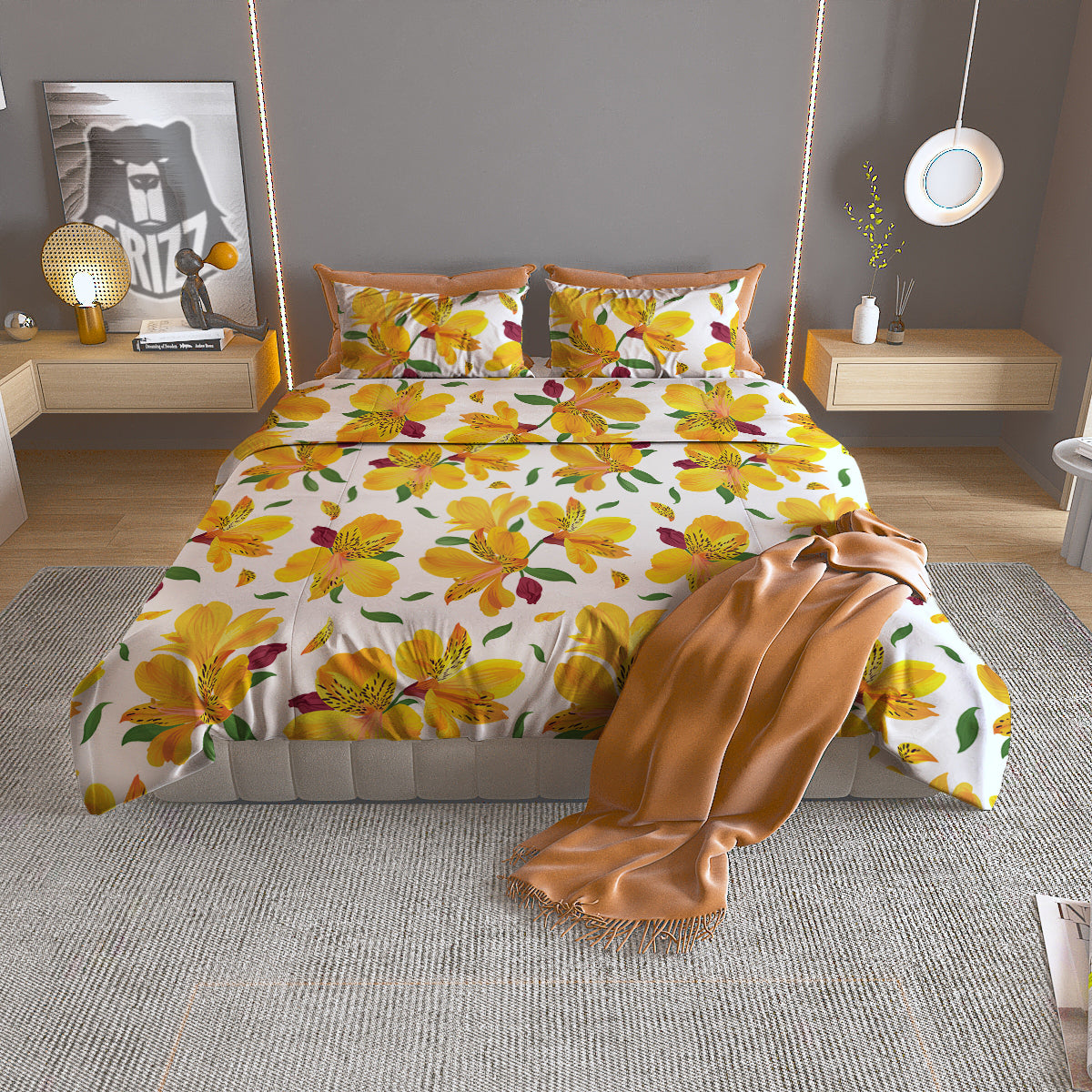 Alstroemeria Yellow Print Pattern Duvet Cover Bedding Set