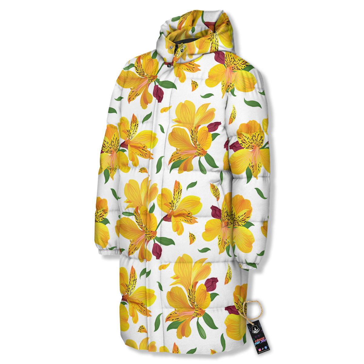 Alstroemeria Yellow Print Pattern Long Down Jacket-grizzshop