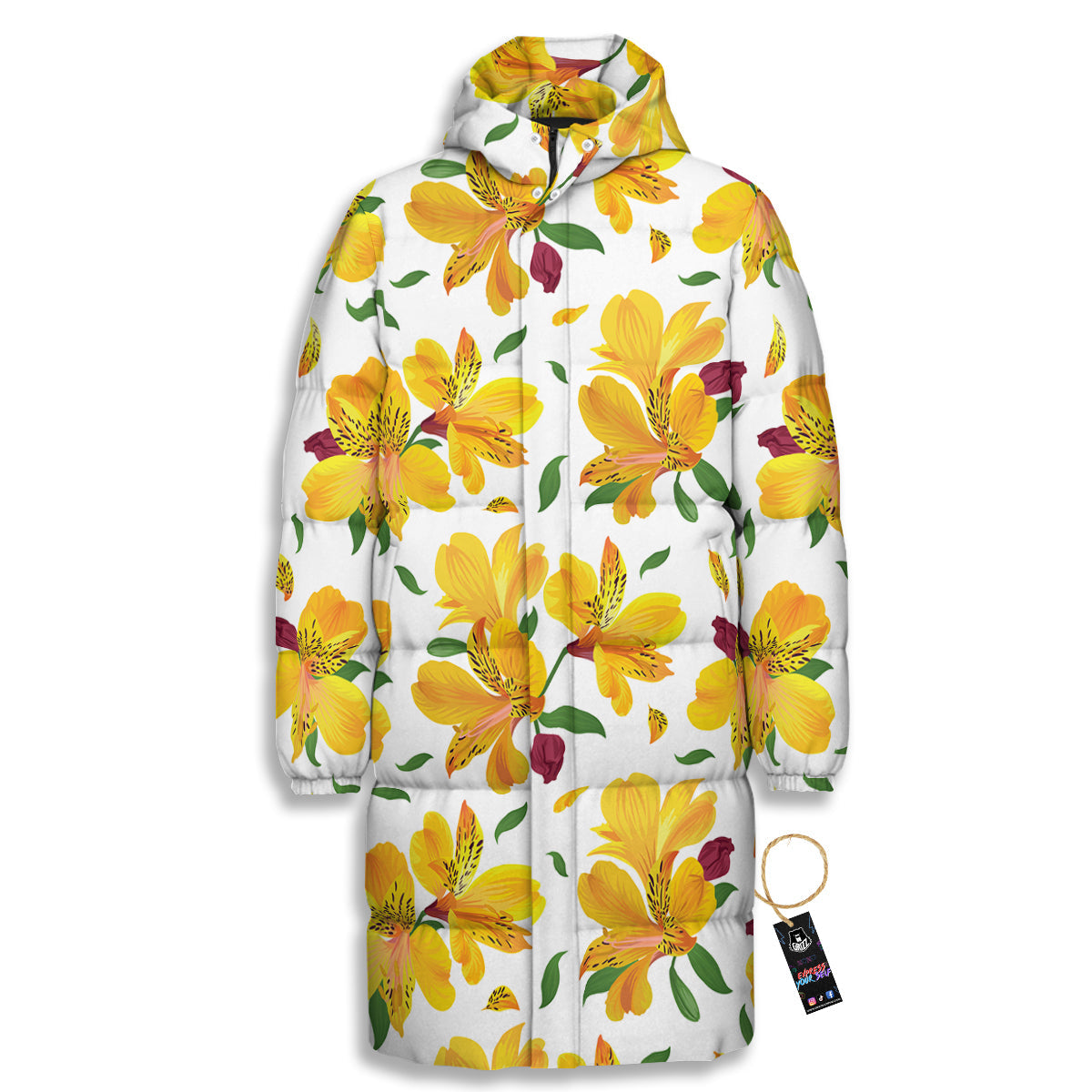 Alstroemeria Yellow Print Pattern Long Down Jacket-grizzshop