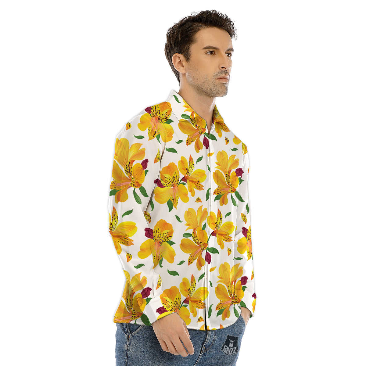 Alstroemeria Yellow Print Pattern Men's Dress Shirts-grizzshop