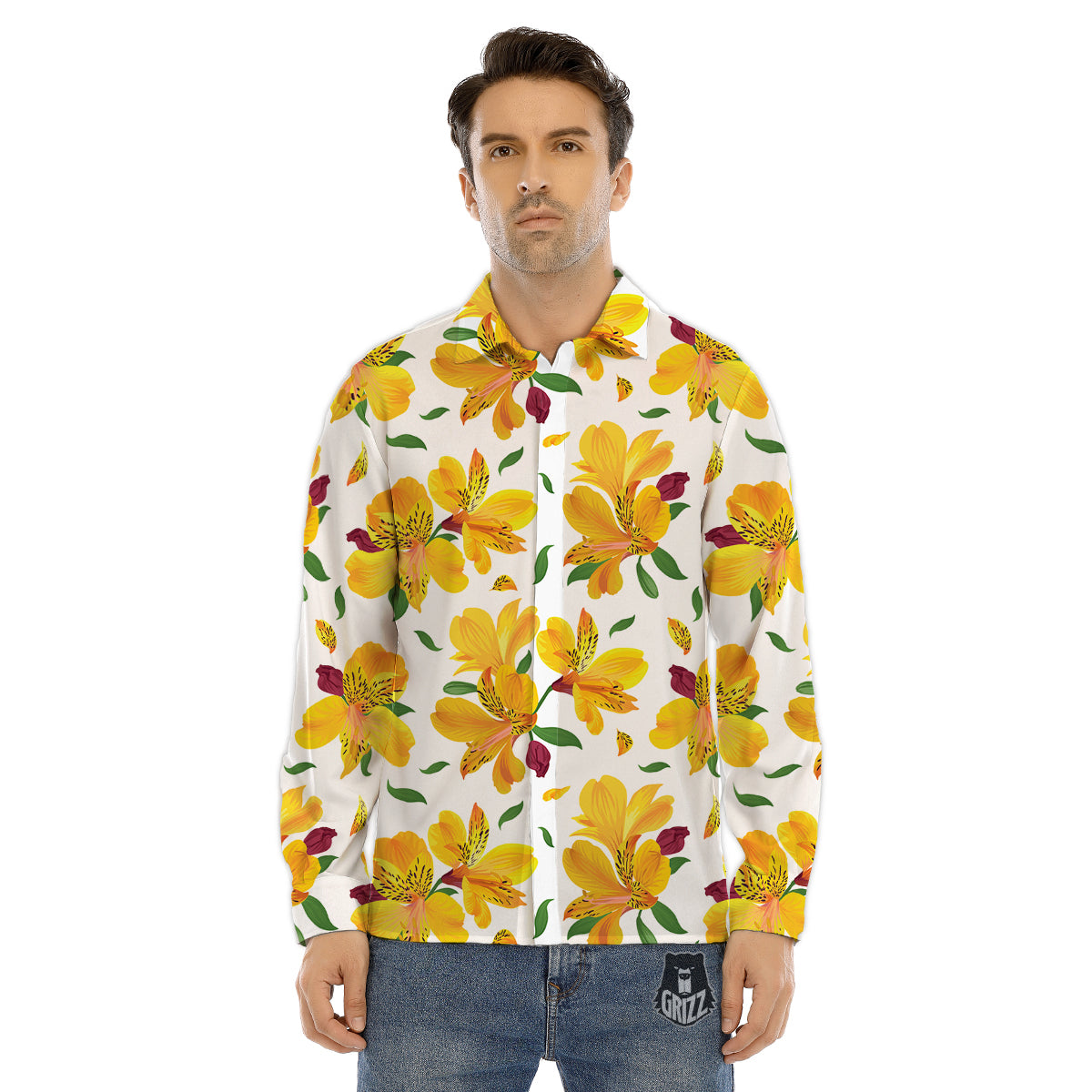 Alstroemeria Yellow Print Pattern Men's Dress Shirts-grizzshop