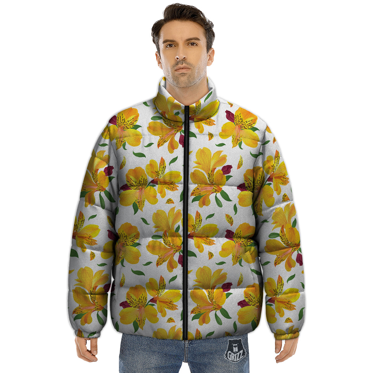 Alstroemeria Yellow Print Pattern Puffer Jacket-grizzshop