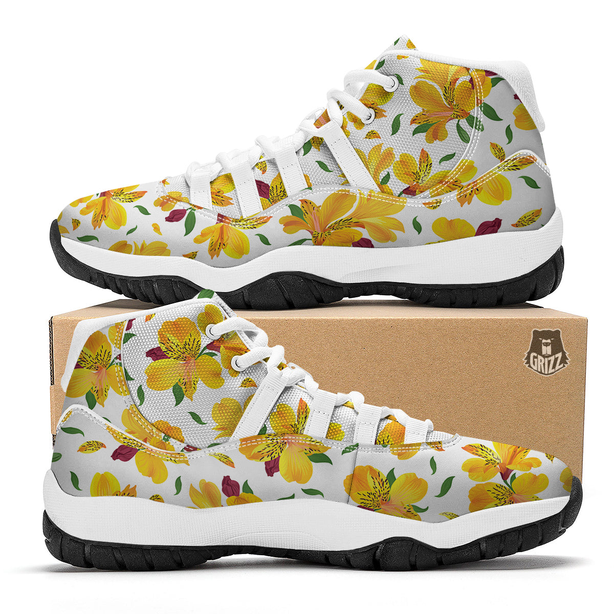 Alstroemeria Yellow Print Pattern White Bball Shoes-grizzshop