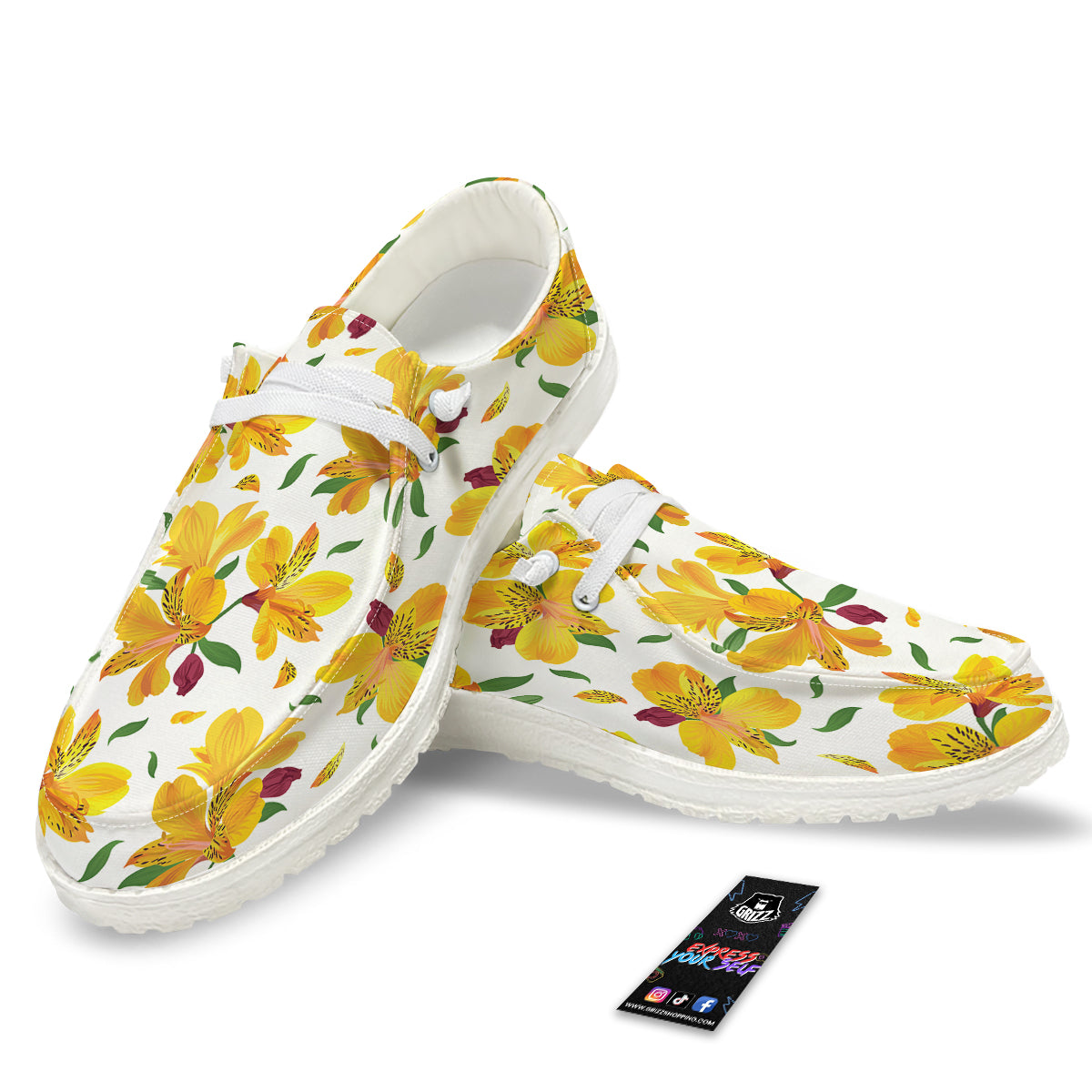 Alstroemeria Yellow Print Pattern White Loafers-grizzshop
