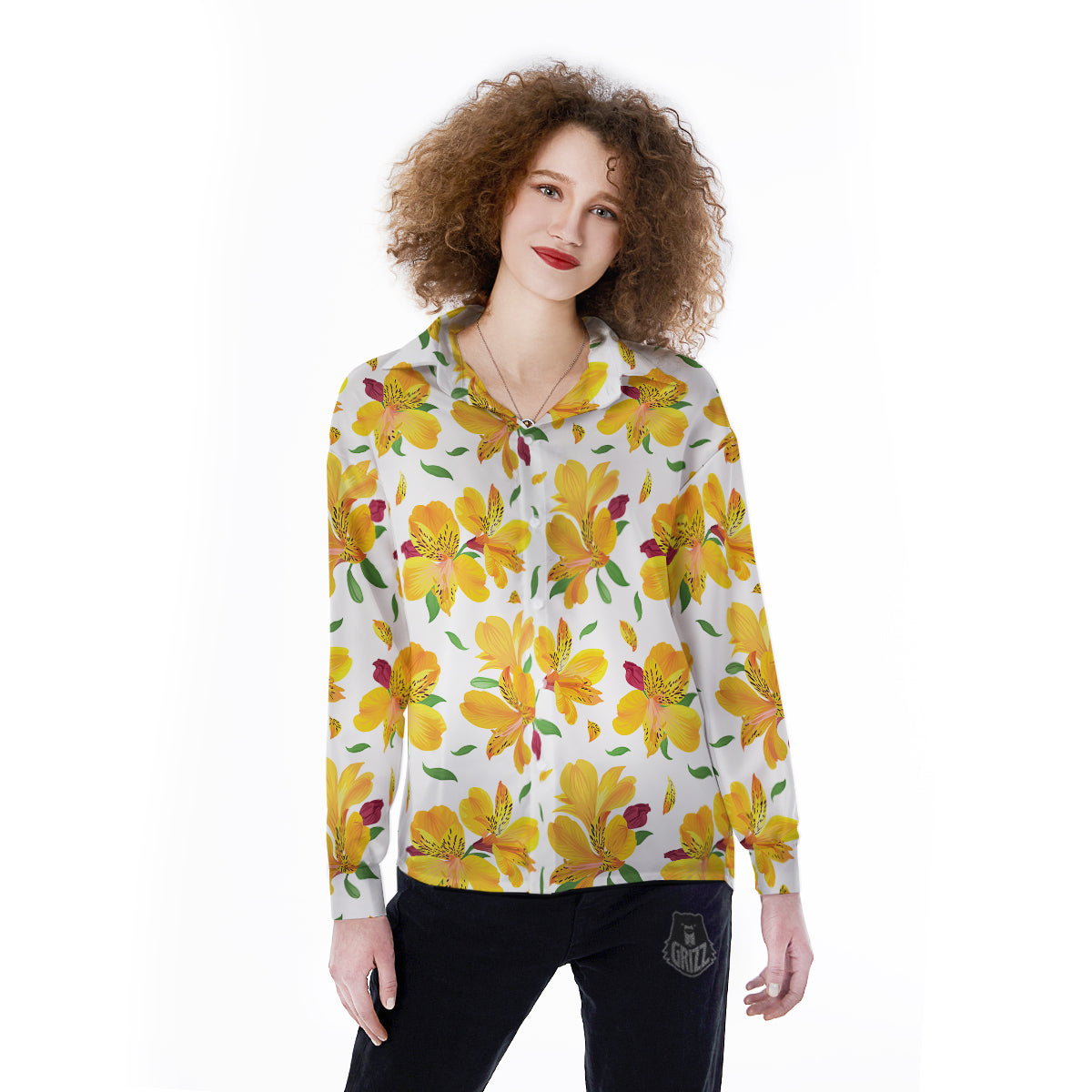 Alstroemeria Yellow Print Pattern Women's Long Sleeve Shirts-grizzshop