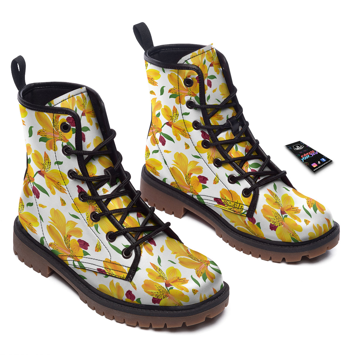 Alstroemeria Yellow Print Pattern Work Boots-grizzshop