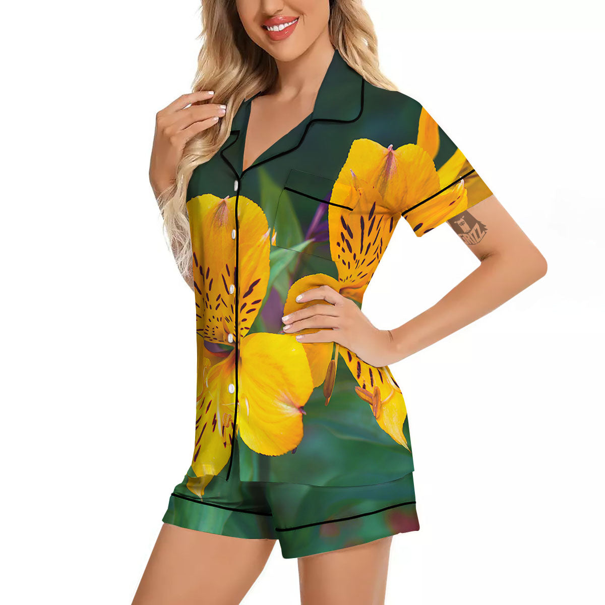 Alstroemeria Yellow Print Women Silk Pajamas-grizzshop