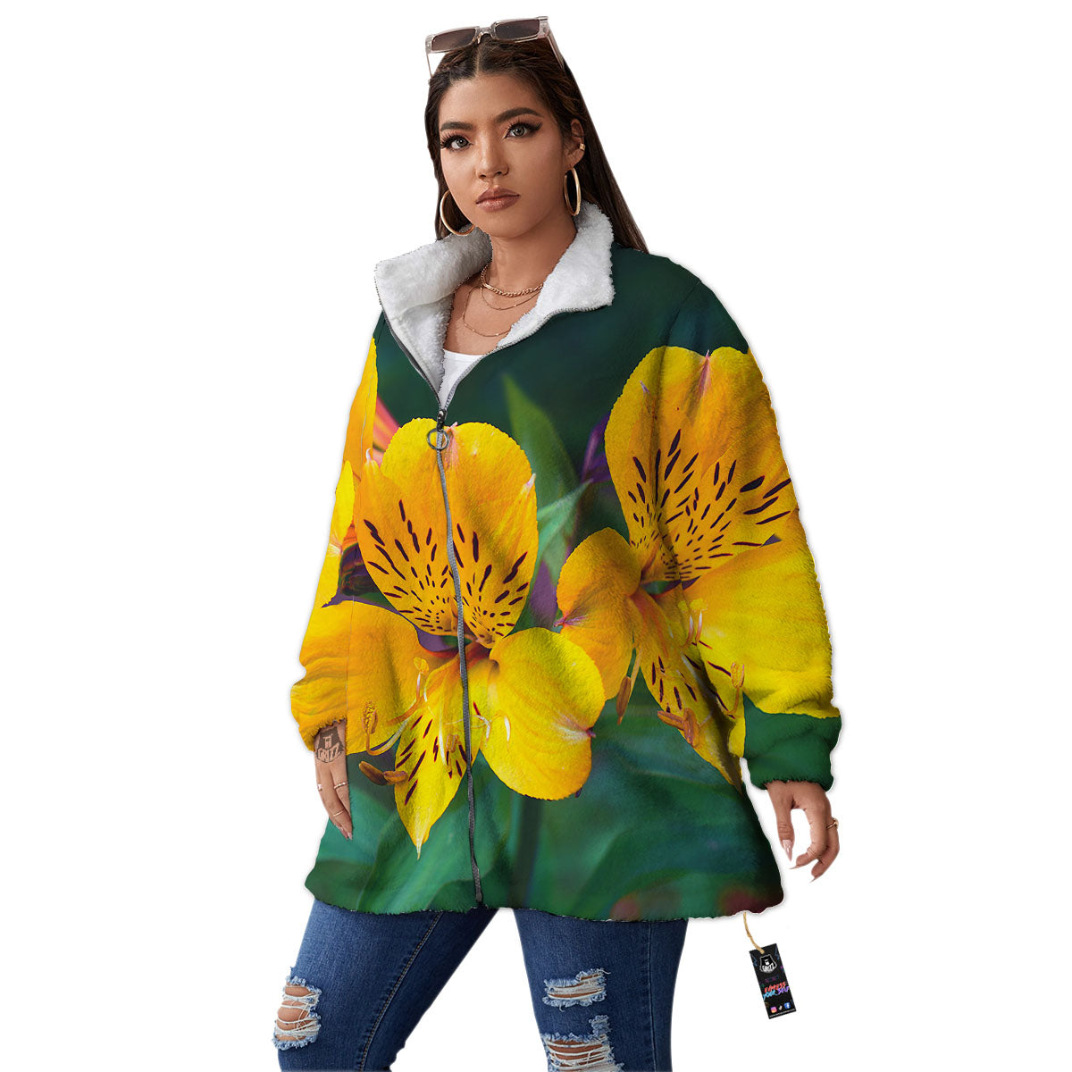 Alstroemeria Yellow Print Women's Sherpa Jacket-grizzshop
