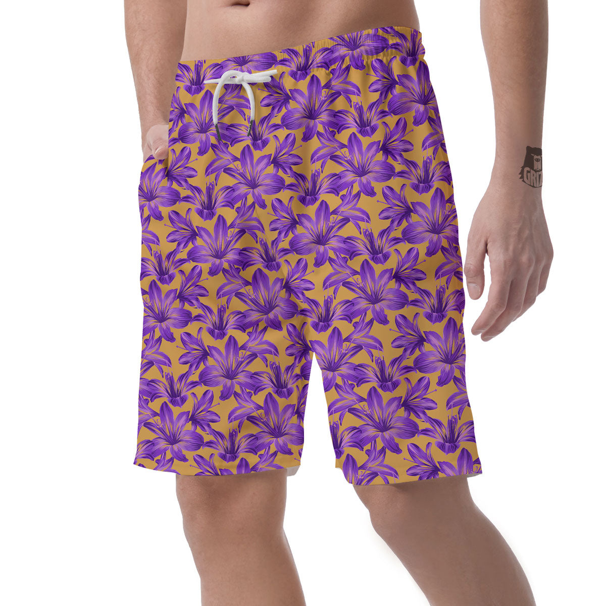 Amaryllis Japanese Purple Print Pattern Men's Shorts-grizzshop