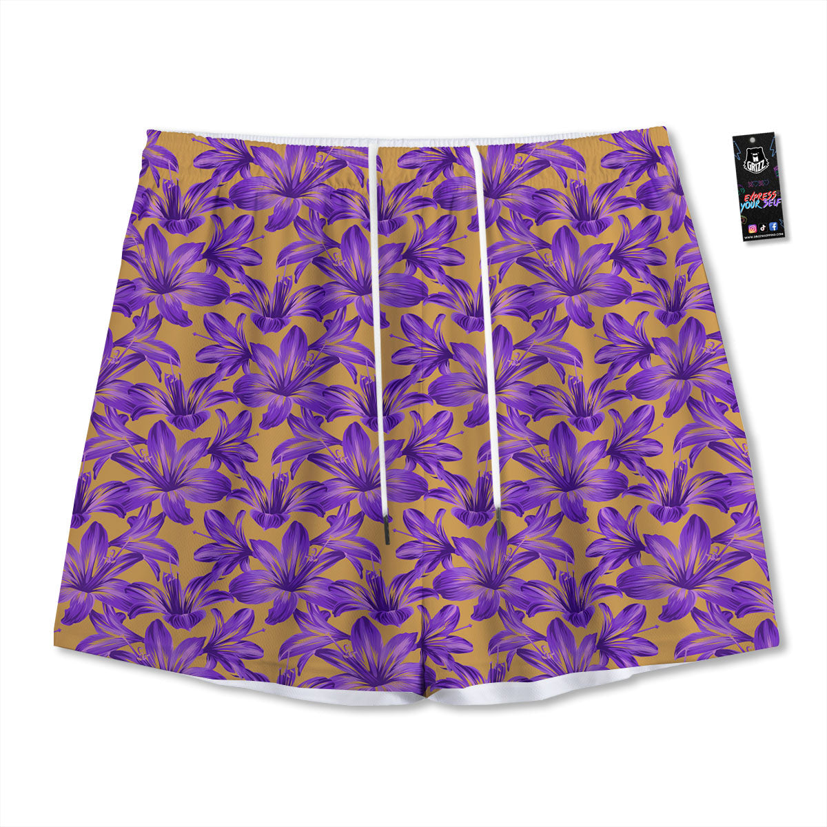 Amaryllis Japanese Purple Print Pattern Mesh Shorts