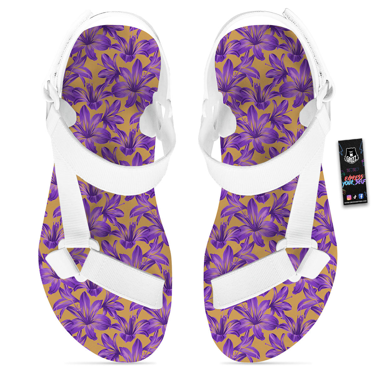 Amaryllis Japanese Purple Print Pattern White Open Toe Sandals-grizzshop