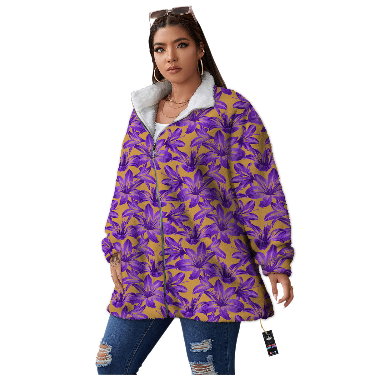 Amaryllis Japanese Purple Print Pattern Women's Sherpa Jacket-grizzshop