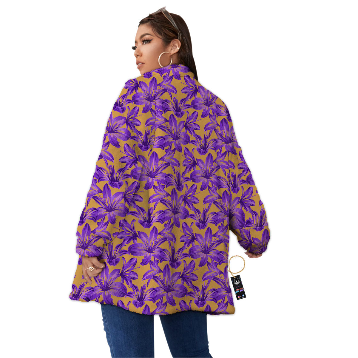 Amaryllis Japanese Purple Print Pattern Women's Sherpa Jacket-grizzshop