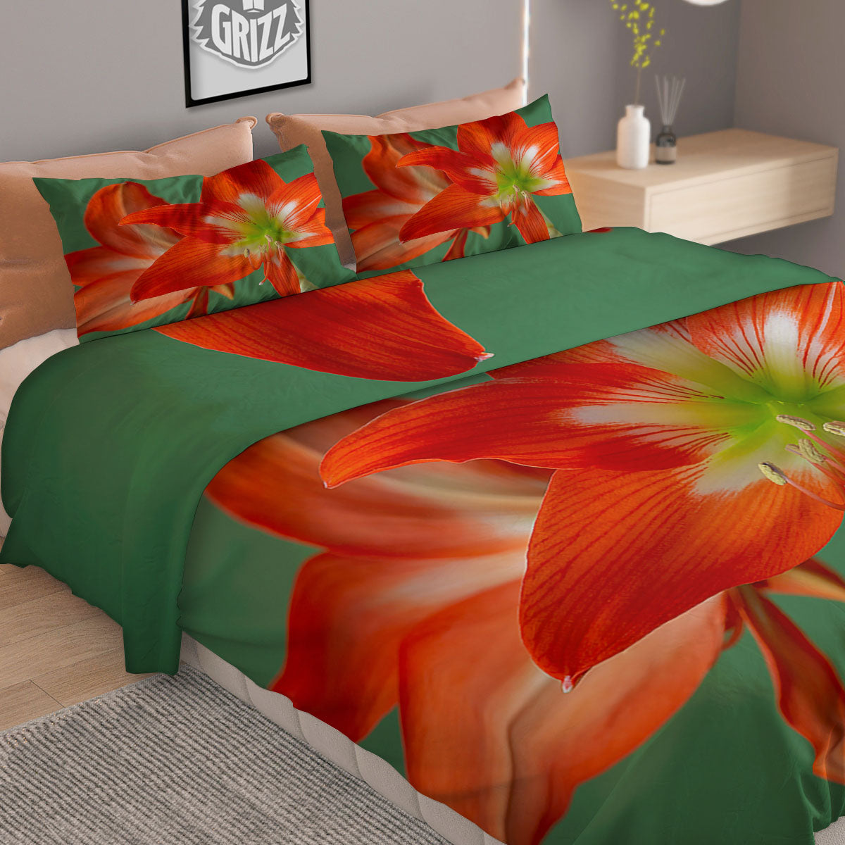 Amaryllis Orange Print Duvet Cover Bedding Set