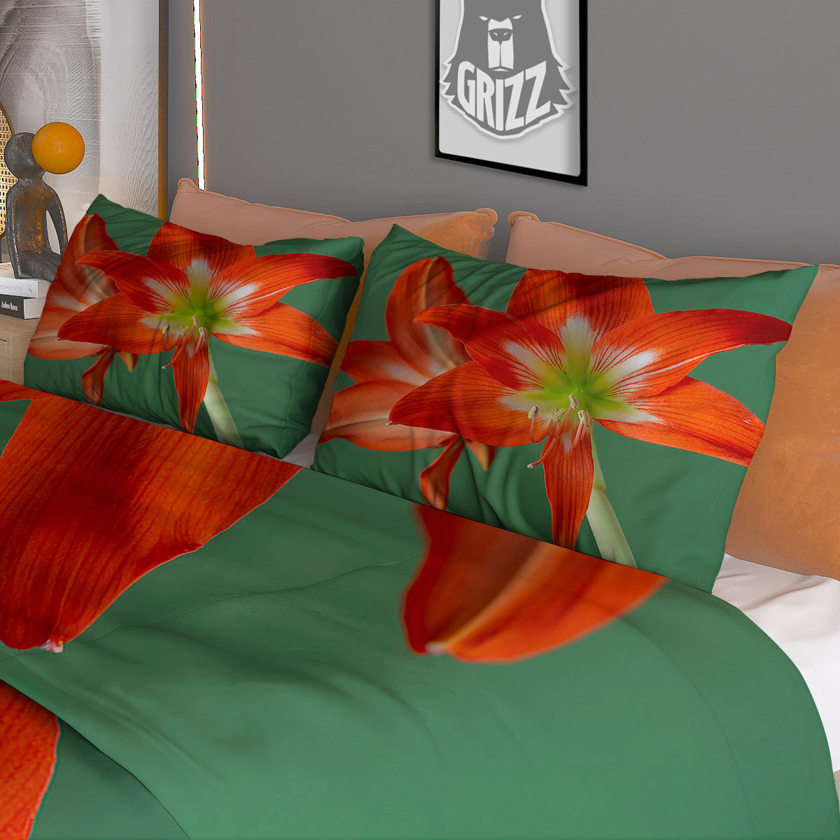 Amaryllis Orange Print Duvet Cover Bedding Set