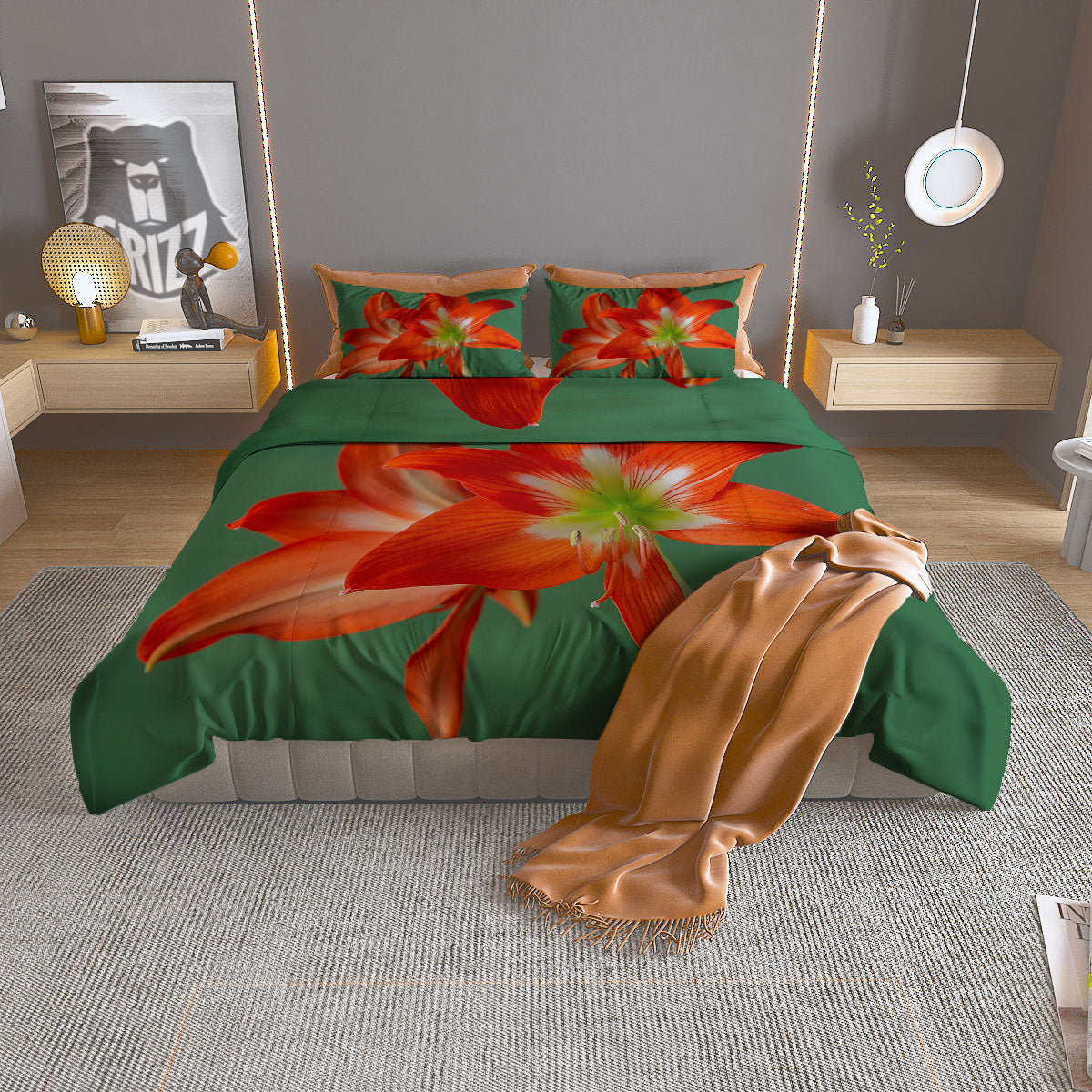 Amaryllis Orange Print Duvet Cover Bedding Set