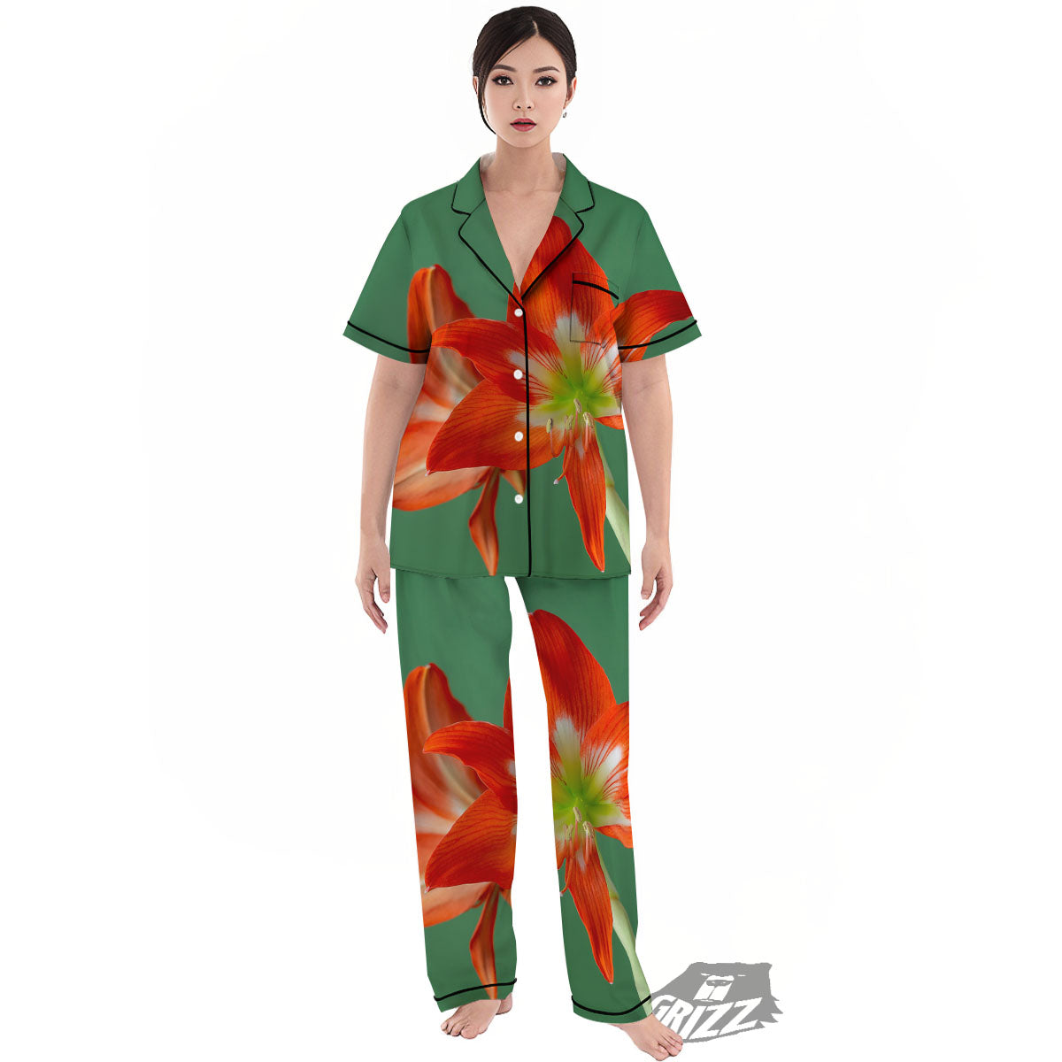 Amaryllis Orange Print Women's Pajamas Set-grizzshop