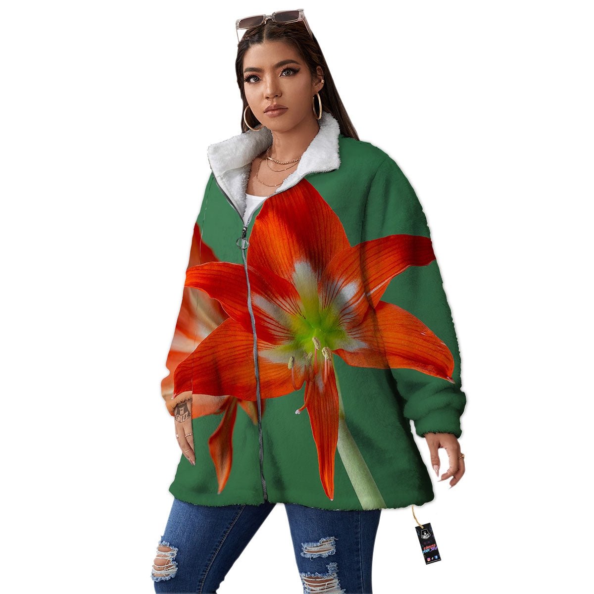 Amaryllis Orange Print Women's Sherpa Jacket-grizzshop