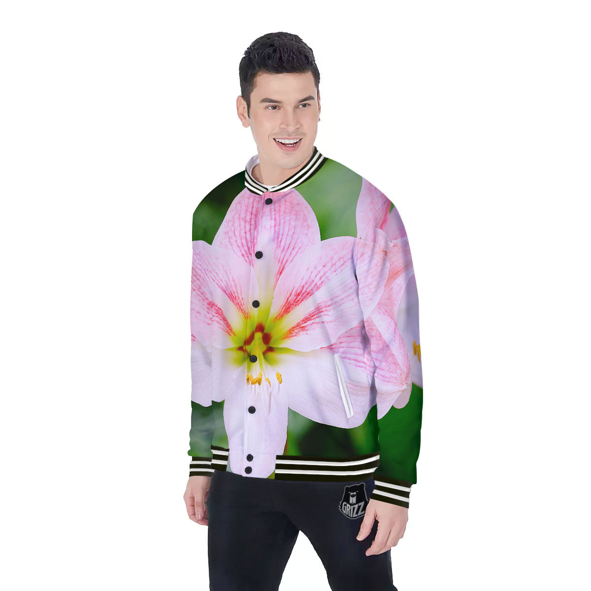 Amaryllis Pink And White Print Baseball Jacket-grizzshop