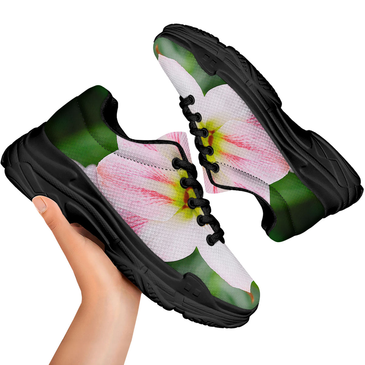 Amaryllis Pink And White Print Black Chunky Shoes-grizzshop