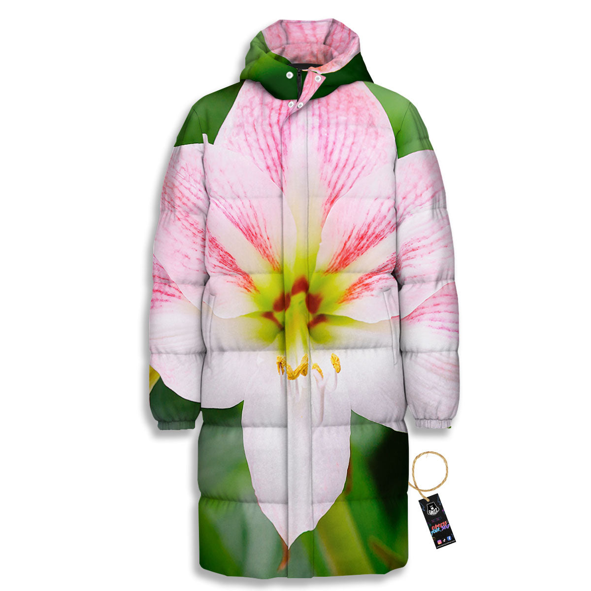 Amaryllis Pink And White Print Long Down Jacket-grizzshop