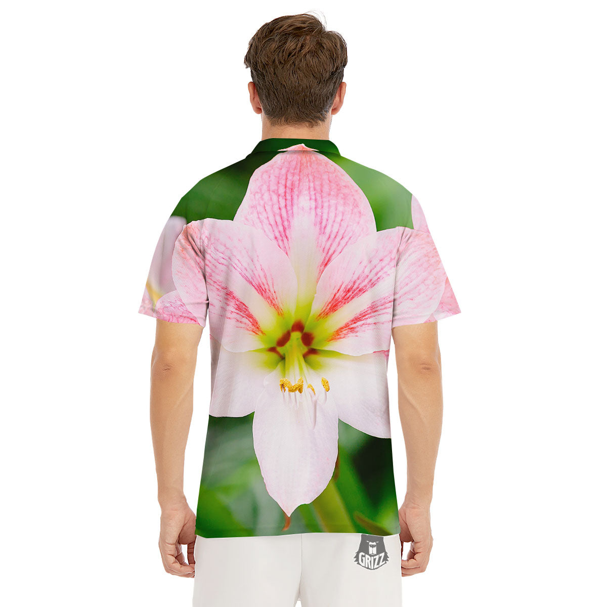 Amaryllis Pink And White Print Men's Golf Shirts-grizzshop