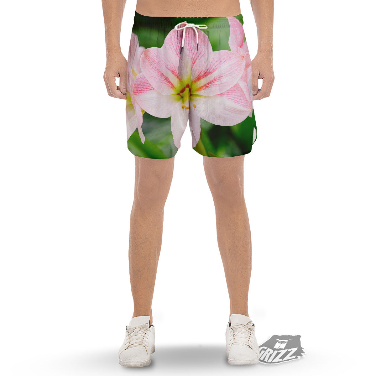 Amaryllis Pink And White Print Men's Gym Shorts-grizzshop