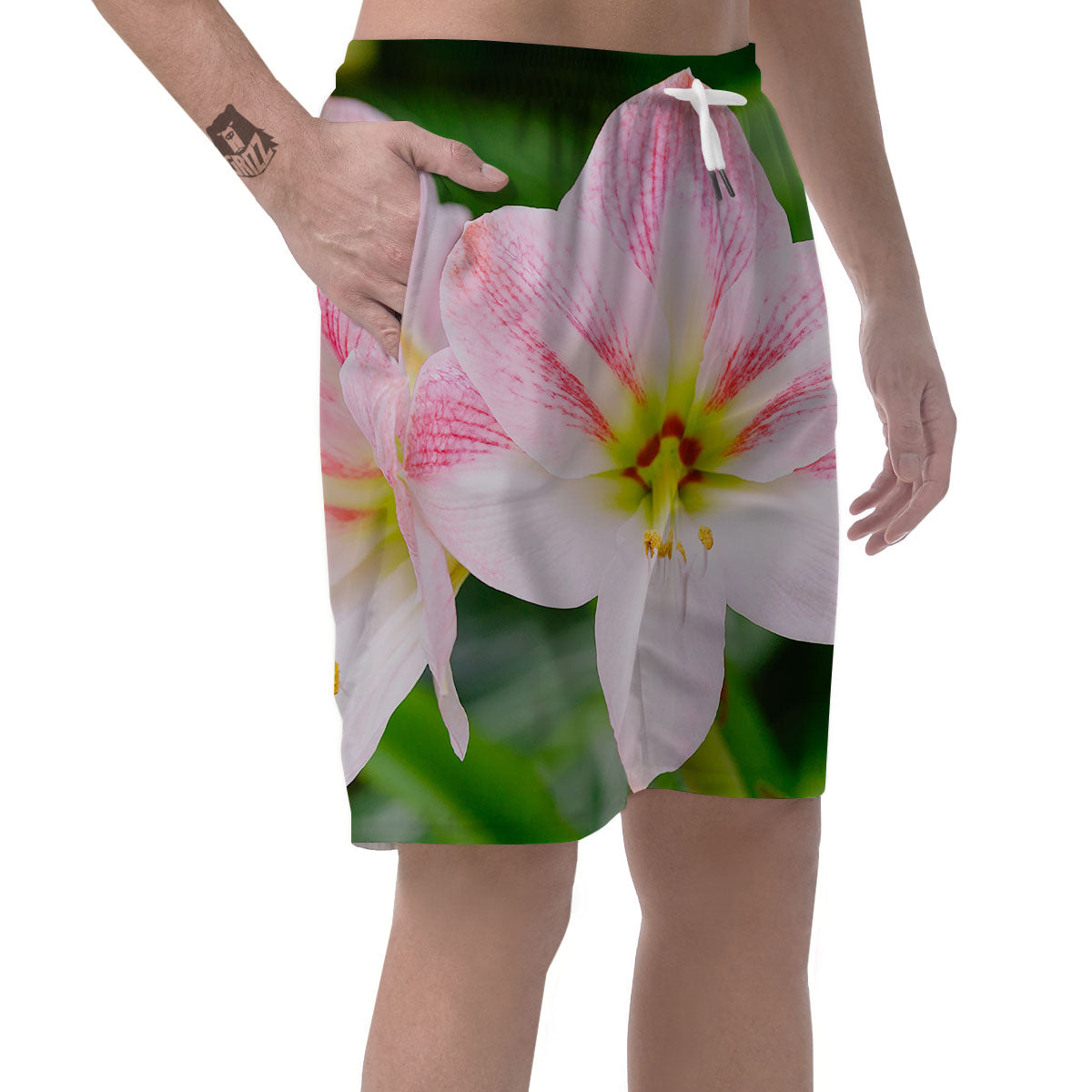 Amaryllis Pink And White Print Men's Shorts-grizzshop