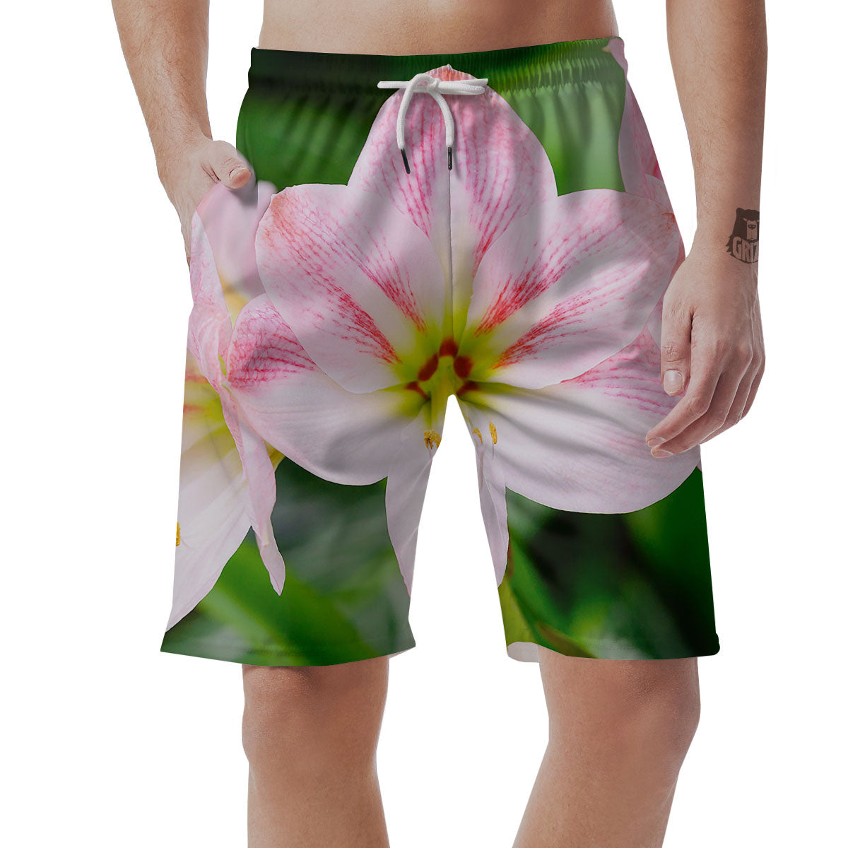 Amaryllis Pink And White Print Men's Shorts-grizzshop