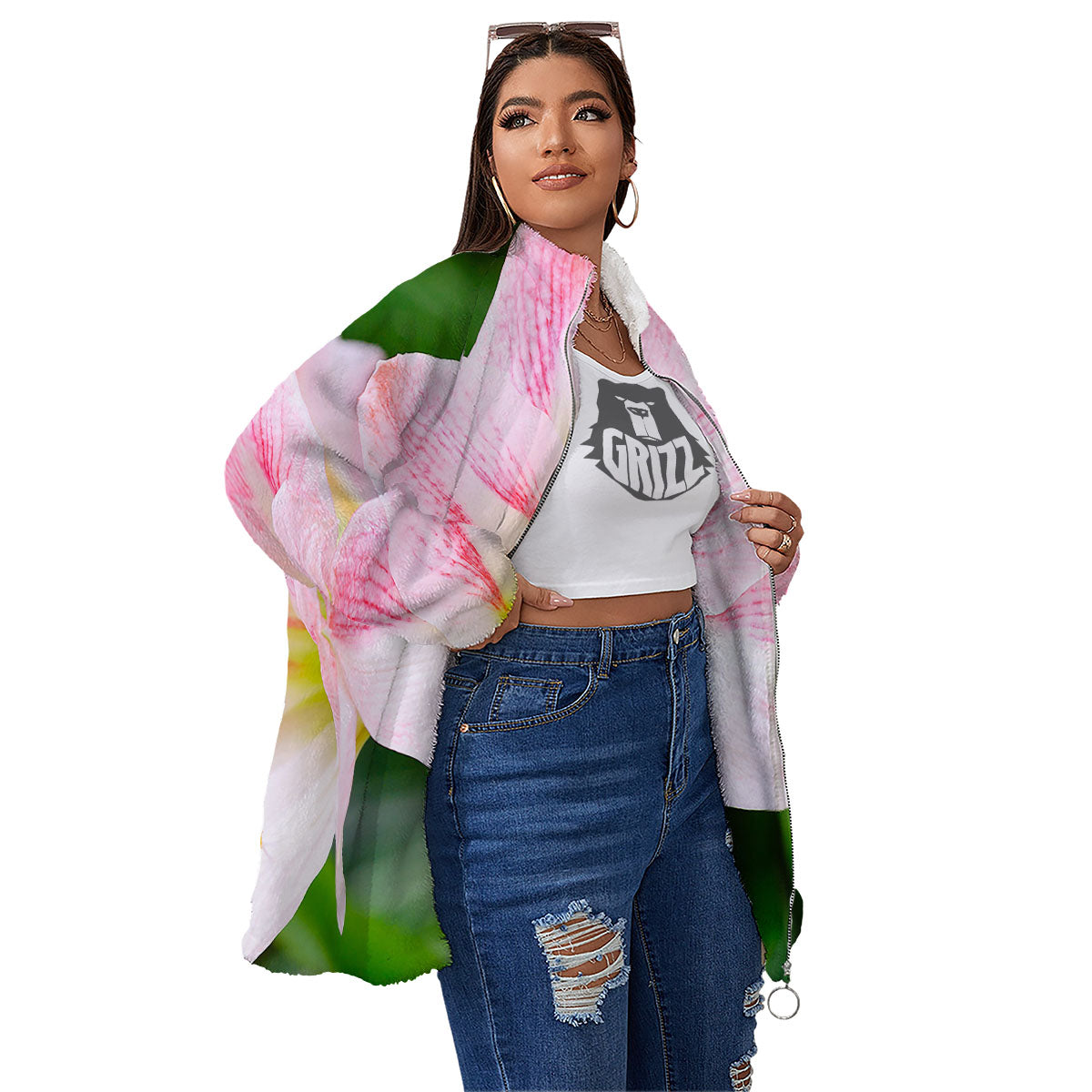 Amaryllis Pink And White Print Women's Sherpa Jacket-grizzshop