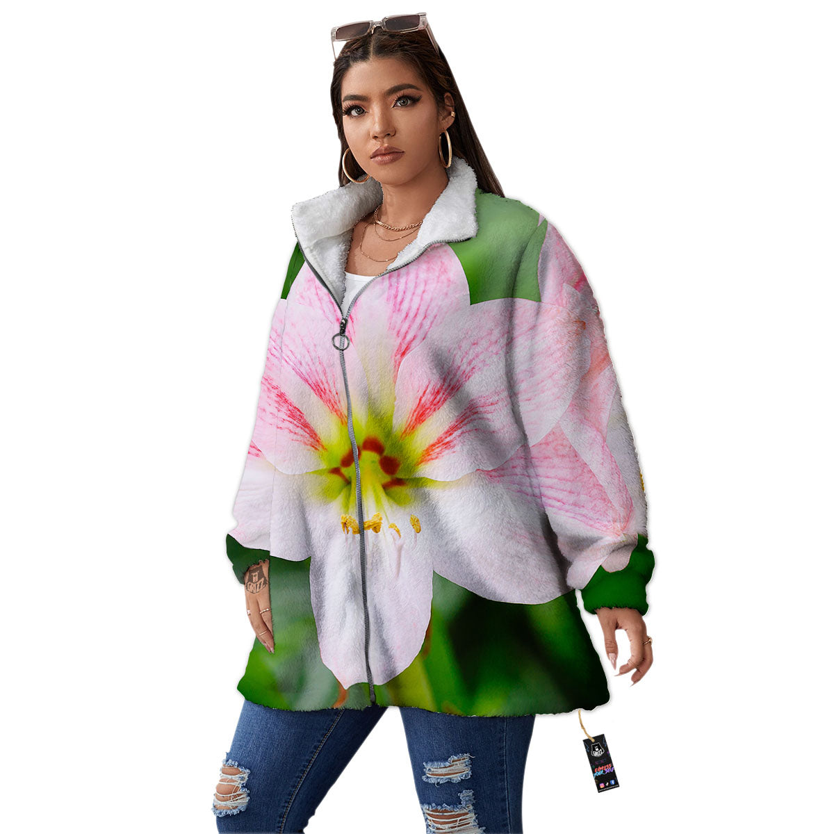 Amaryllis Pink And White Print Women's Sherpa Jacket-grizzshop