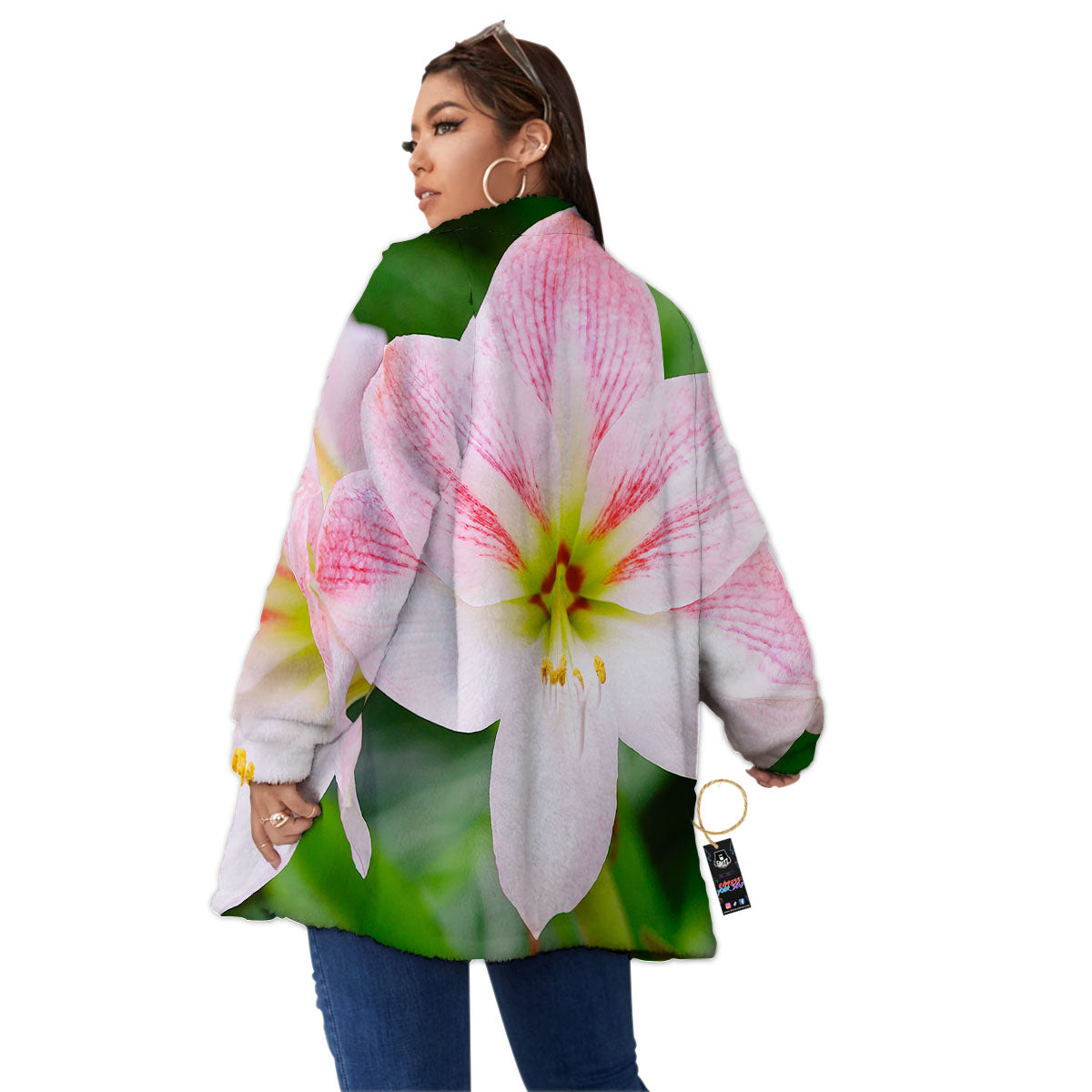 Amaryllis Pink And White Print Women's Sherpa Jacket-grizzshop