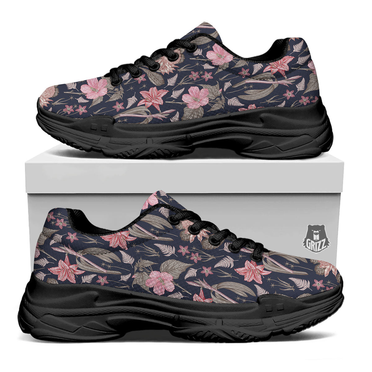 Amaryllis Pink Print Pattern Black Chunky Shoes-grizzshop