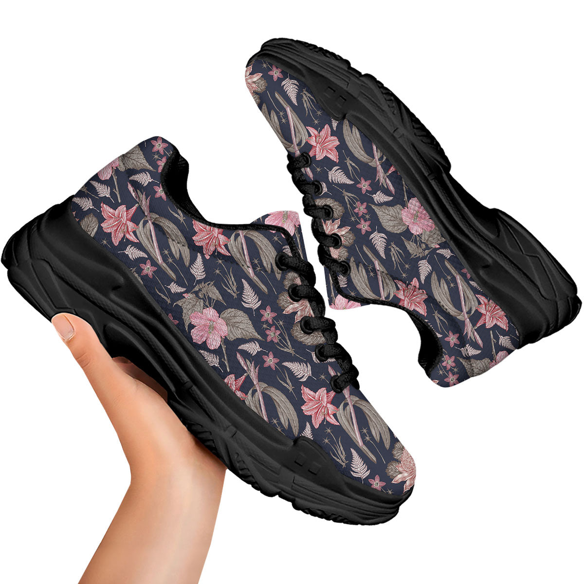 Amaryllis Pink Print Pattern Black Chunky Shoes-grizzshop