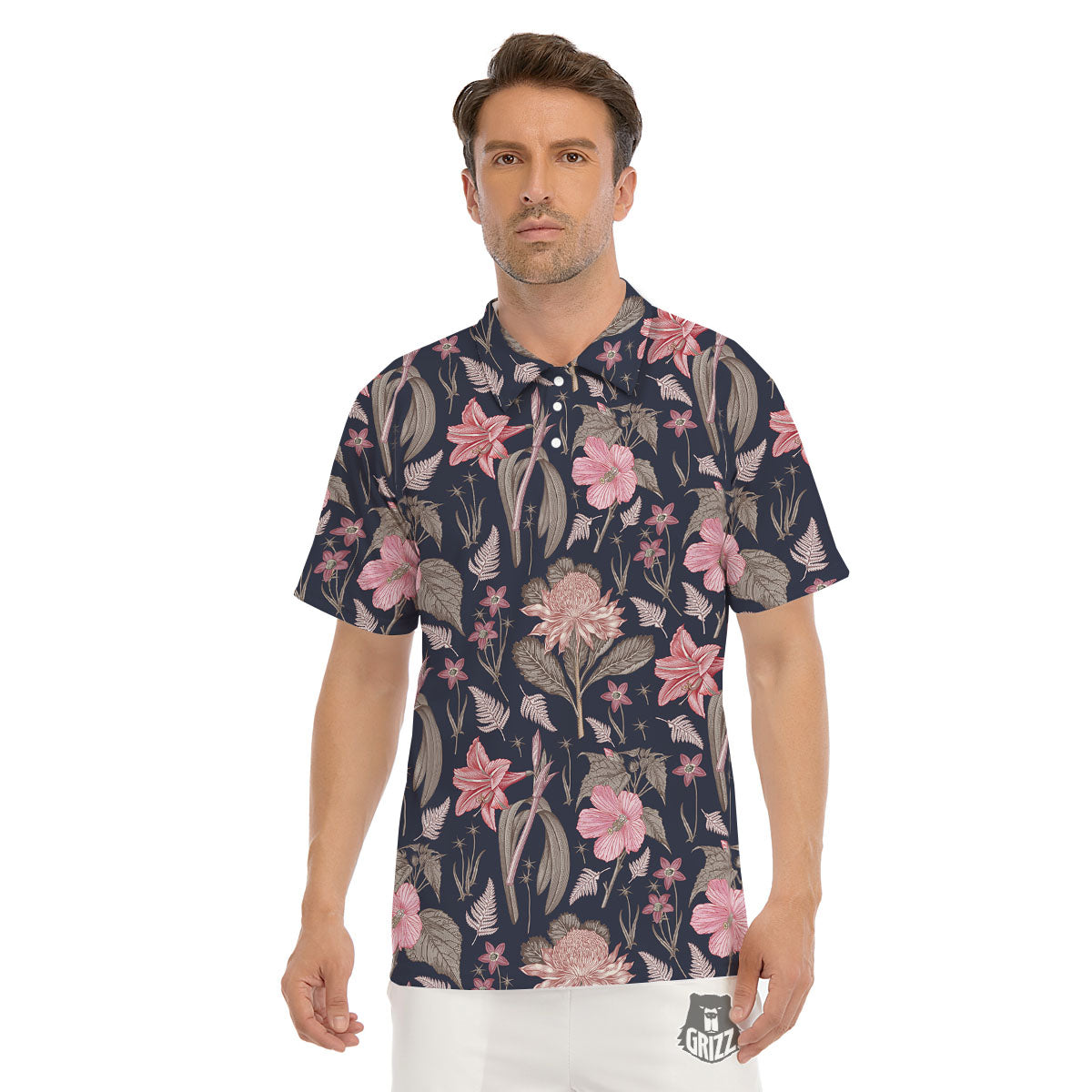 Amaryllis Pink Print Pattern Men's Golf Shirts-grizzshop
