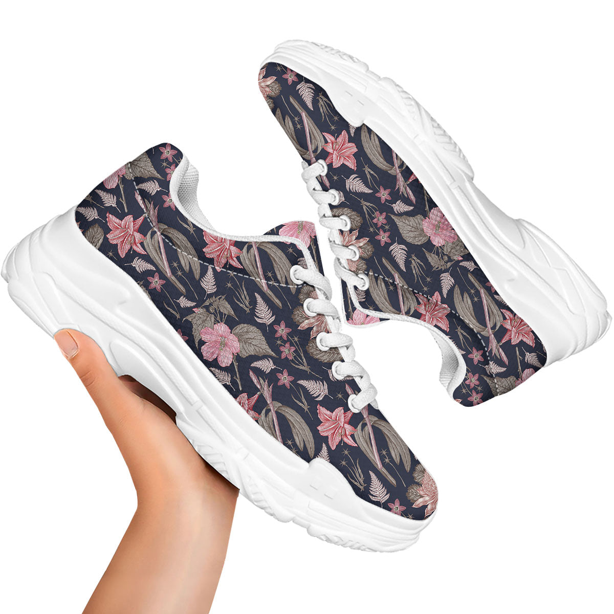 Amaryllis Pink Print Pattern White Chunky Shoes-grizzshop