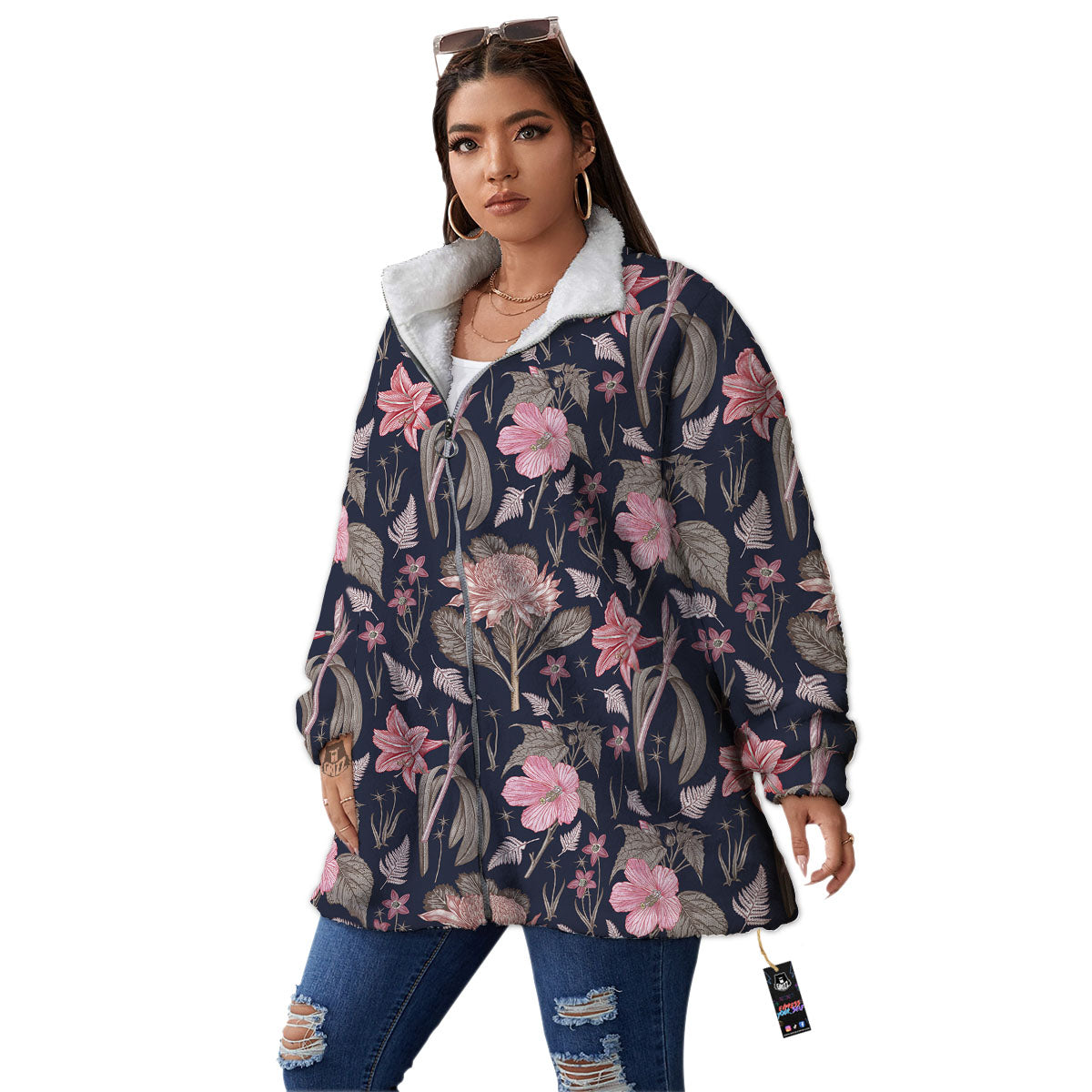 Amaryllis Pink Print Pattern Women's Sherpa Jacket-grizzshop