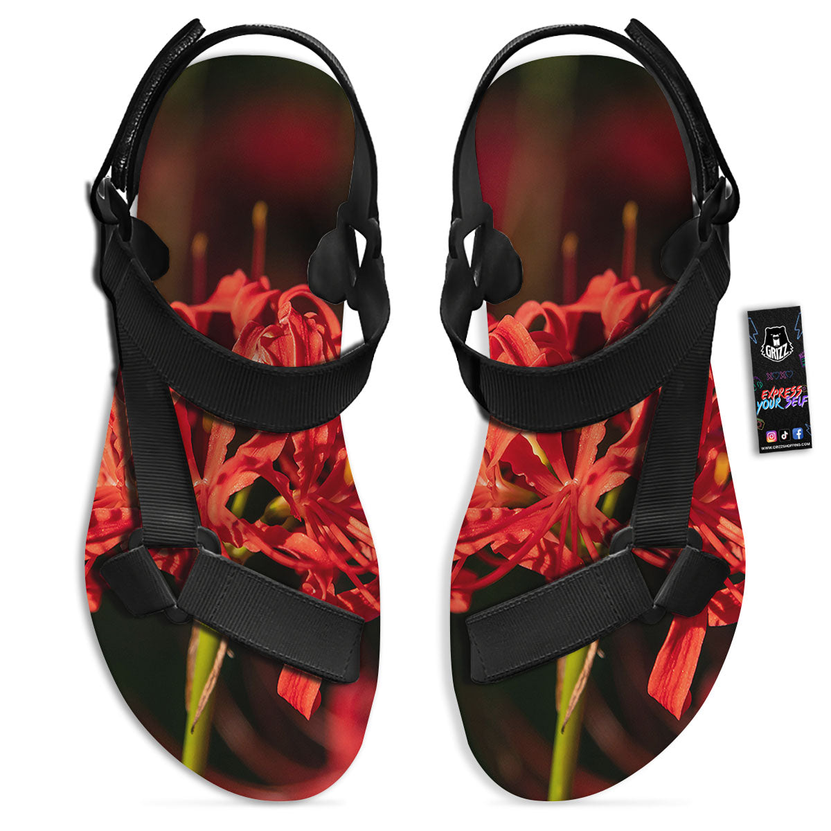 Amaryllis Red Japanese Print Black Open Toe Sandals-grizzshop