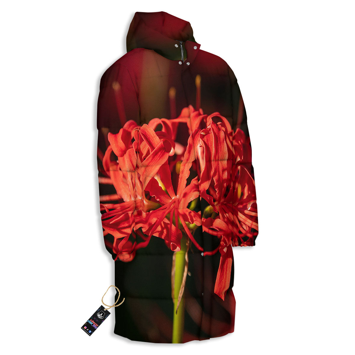 Amaryllis Red Japanese Print Long Down Jacket-grizzshop