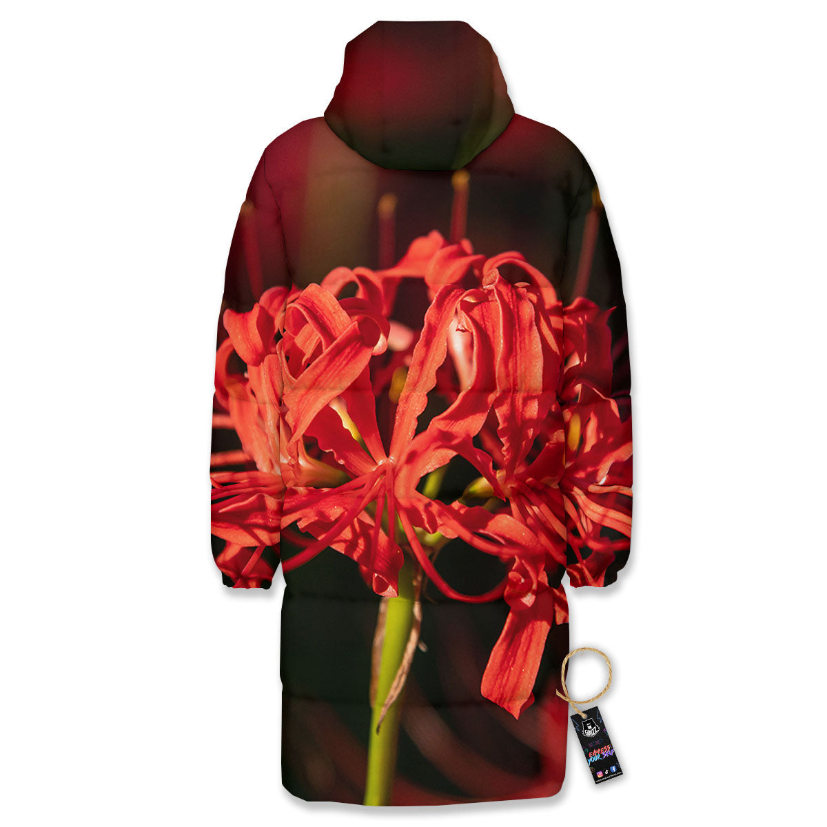Amaryllis Red Japanese Print Long Down Jacket-grizzshop