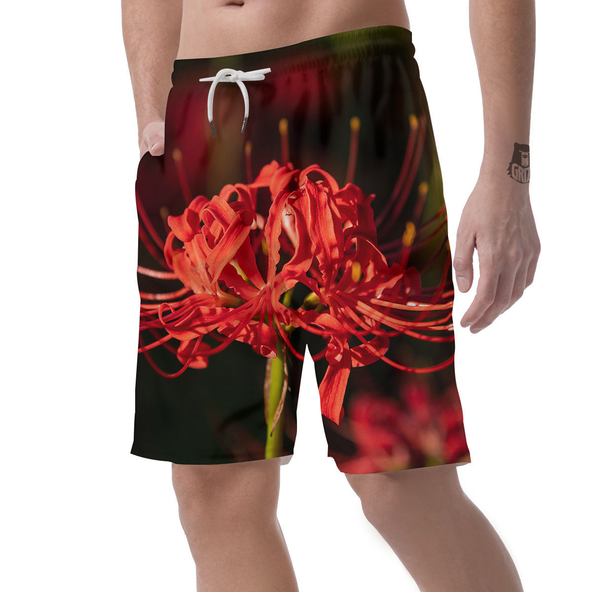 Amaryllis Red Japanese Print Men's Shorts-grizzshop