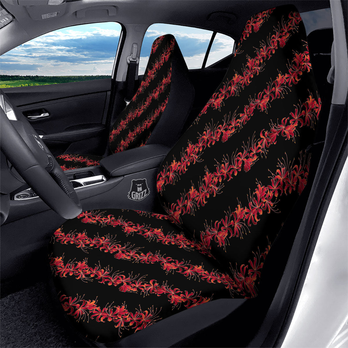 Amaryllis Red Japanese Print Pattern Car Seat Covers-grizzshop