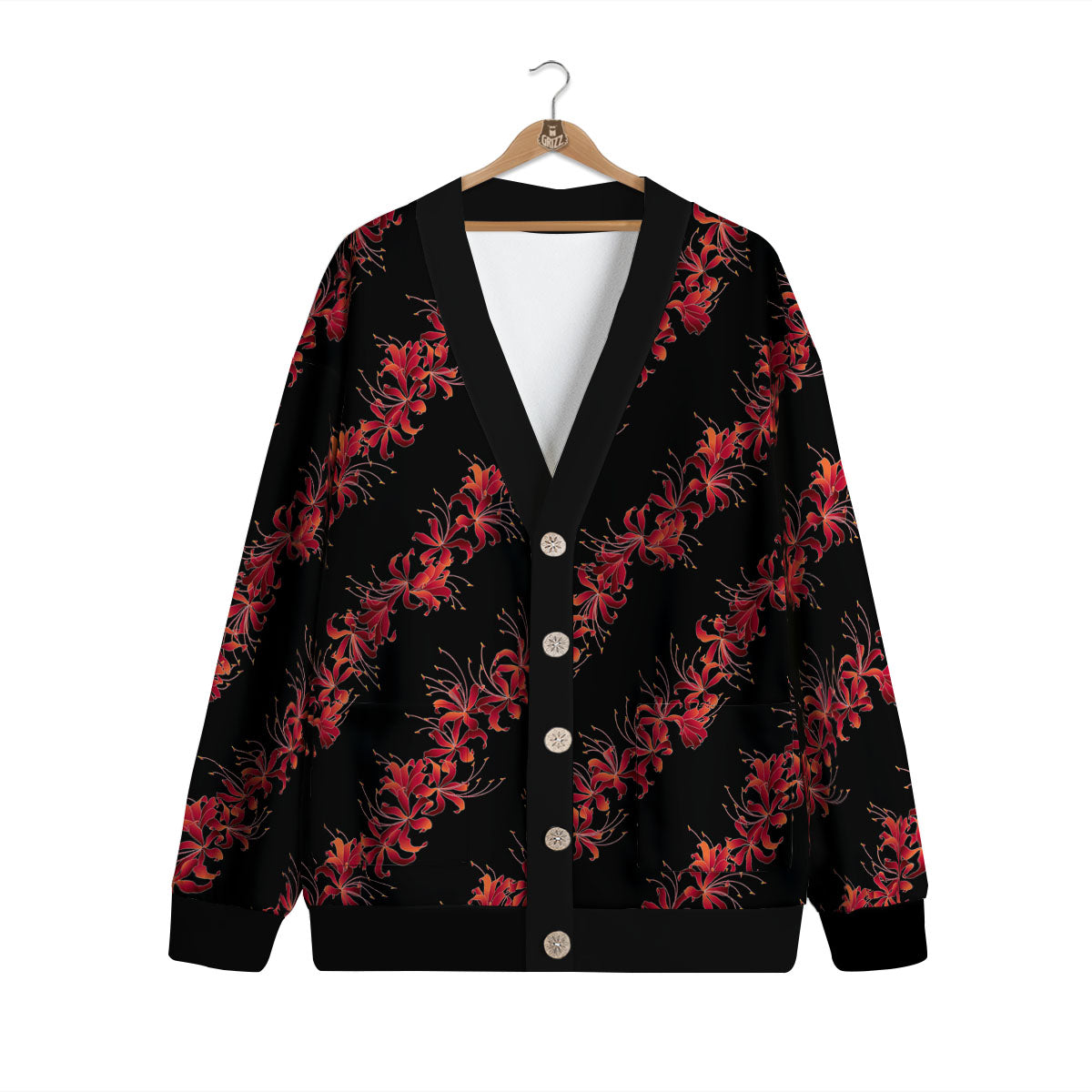Amaryllis Red Japanese Print Pattern Cardigan-grizzshop
