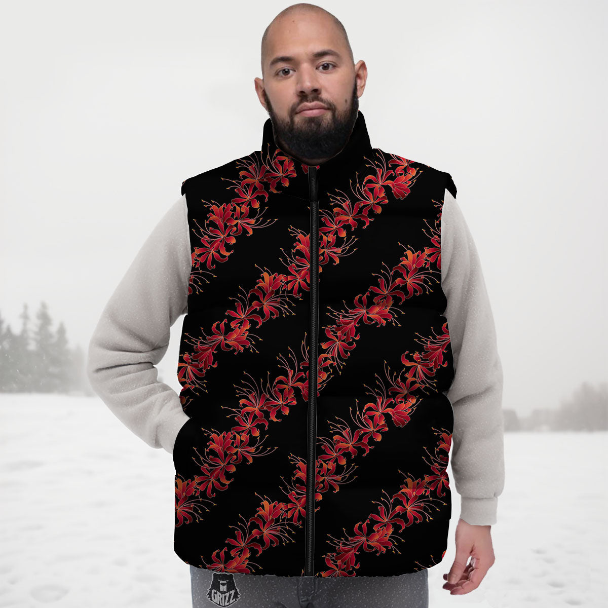 Amaryllis Red Japanese Print Pattern Down Vest