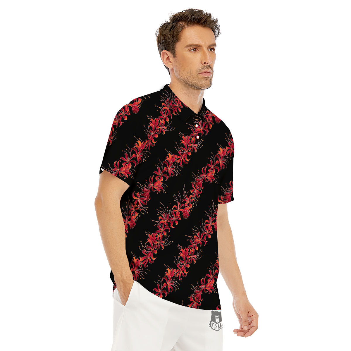 Amaryllis Red Japanese Print Pattern Men's Golf Shirts-grizzshop