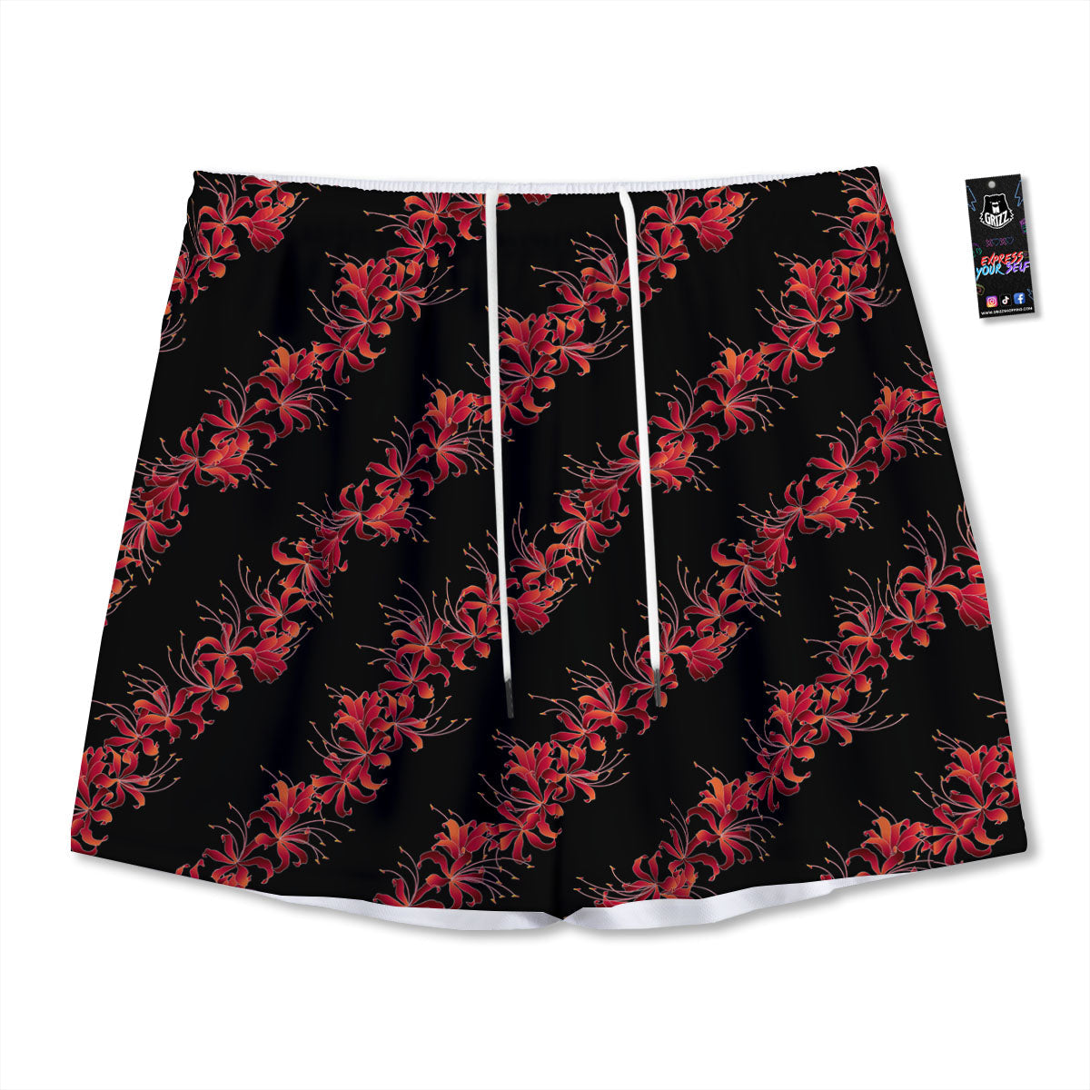Amaryllis Red Japanese Print Pattern Mesh Shorts