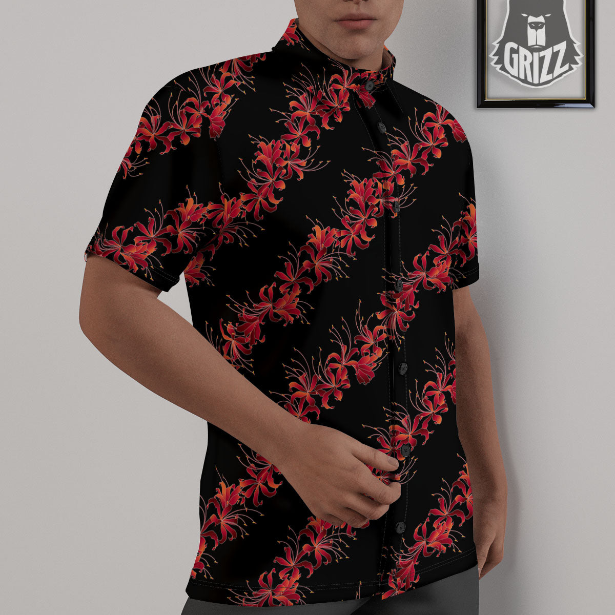 Amaryllis Red Japanese Print Pattern Untucked Shirts-grizzshop