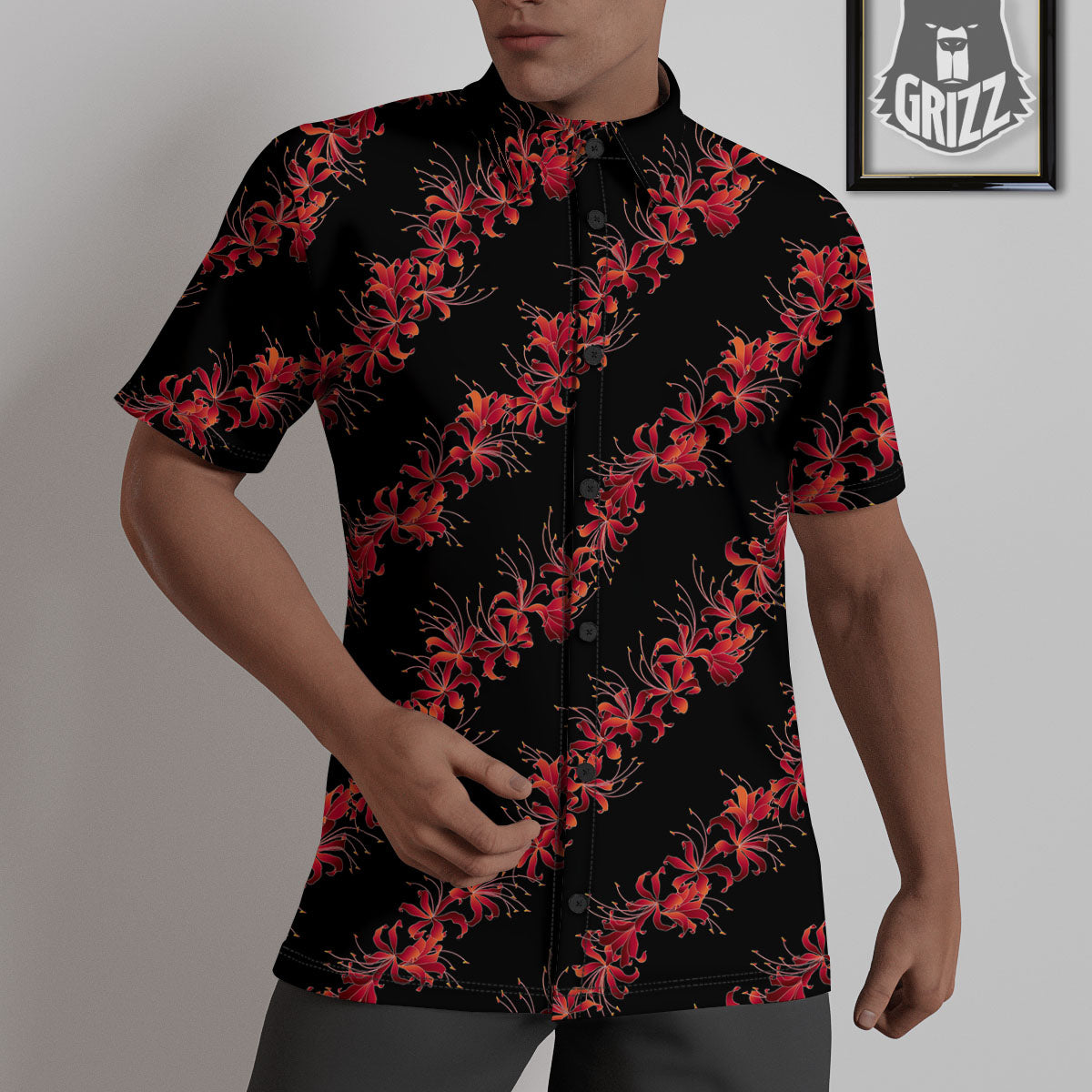 Amaryllis Red Japanese Print Pattern Untucked Shirts-grizzshop