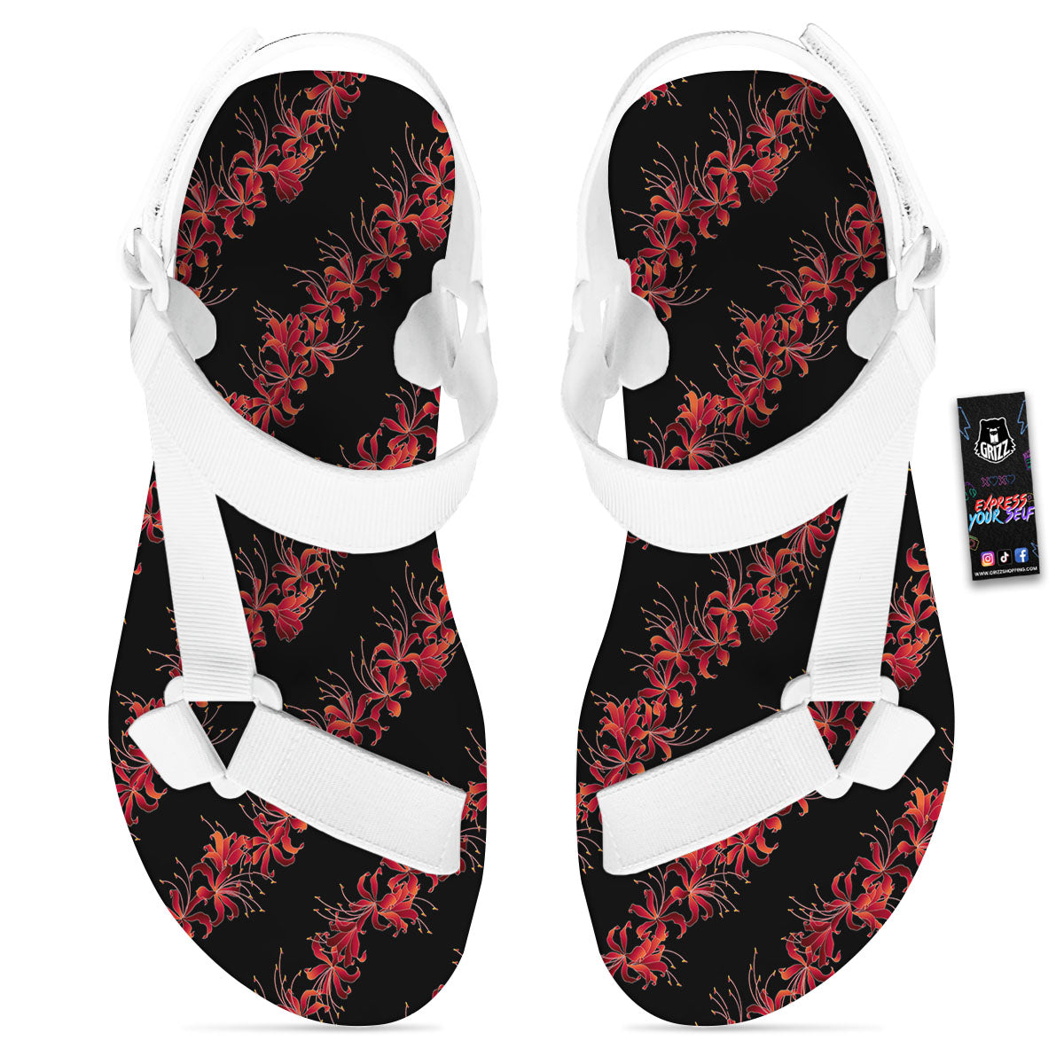 Amaryllis Red Japanese Print Pattern White Open Toe Sandals-grizzshop