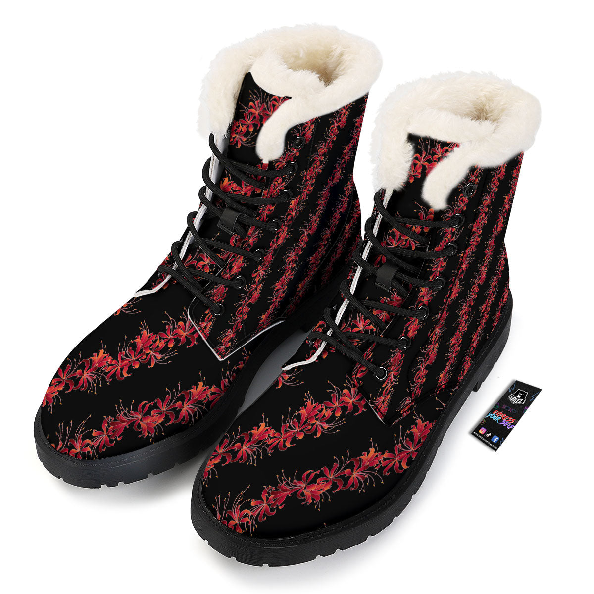 Amaryllis Red Japanese Print Pattern Winter Boots-grizzshop